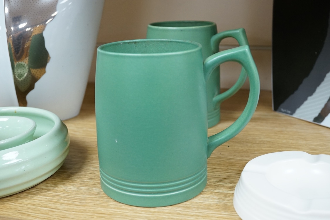 A collection of Rosenthal and Wedgwood pottery to include a pair of Keith Murray mugs, abstract vases and an ash tray, largest 25cm high